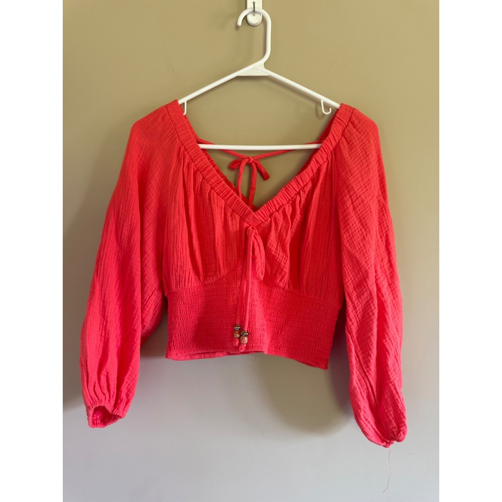 SO Goods For Life Coral Pink Gauze Smocked Crop Top Long Balloon Sleeve Medium